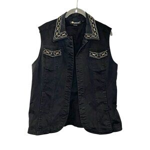 Christine Alexander BLING Rhinestone Studded Open Front Denim Vest Black XL